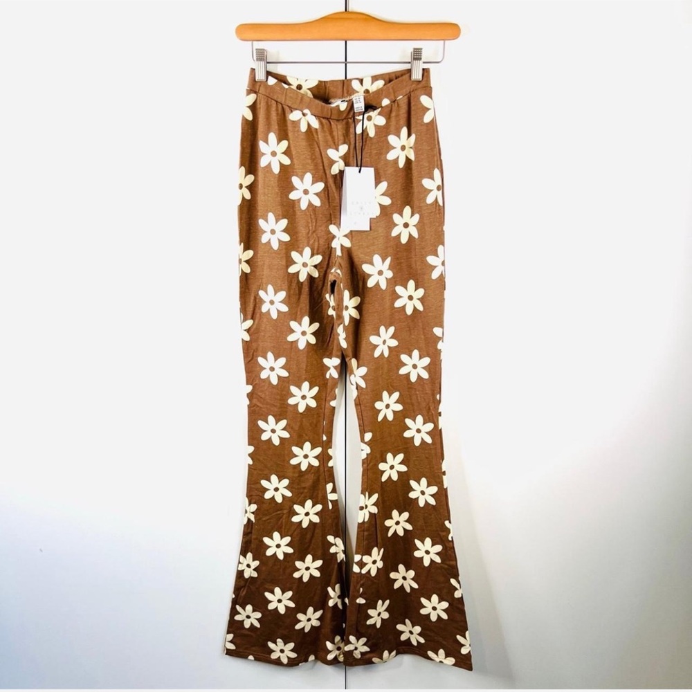 Dolls Kill Brown White Floral Fit & Flare Hippie Boho Bell Bottom Pants